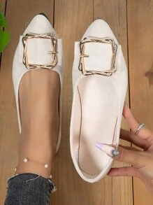 女士金屬裝飾尖頭時尚戶外仿麂皮平底鞋 - 白色 - 查看 2