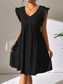SHEIN LUNE Solid Ruffle Trim Smock Dress - Black - View 6