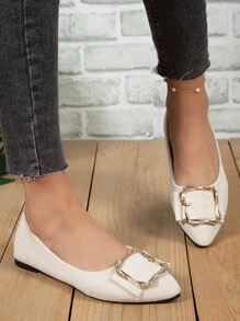 女士金屬裝飾尖頭時尚戶外仿麂皮平底鞋 - 白色 - 查看 4