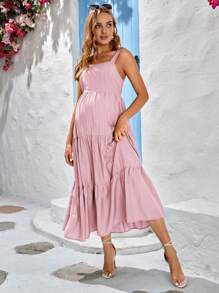 SHEIN 孕婦荷葉邊吊帶連衣裙 - 淺粉色 - 查看 4
