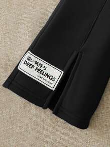 SHEIN Young Girl Letter Patched Detail Split Hem Flare Leg Sweatpants - Black - View 5