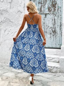 SHEIN VCAY Floral Print Contrast Lace Split Thigh Cami Dress - Blue and White - View 2