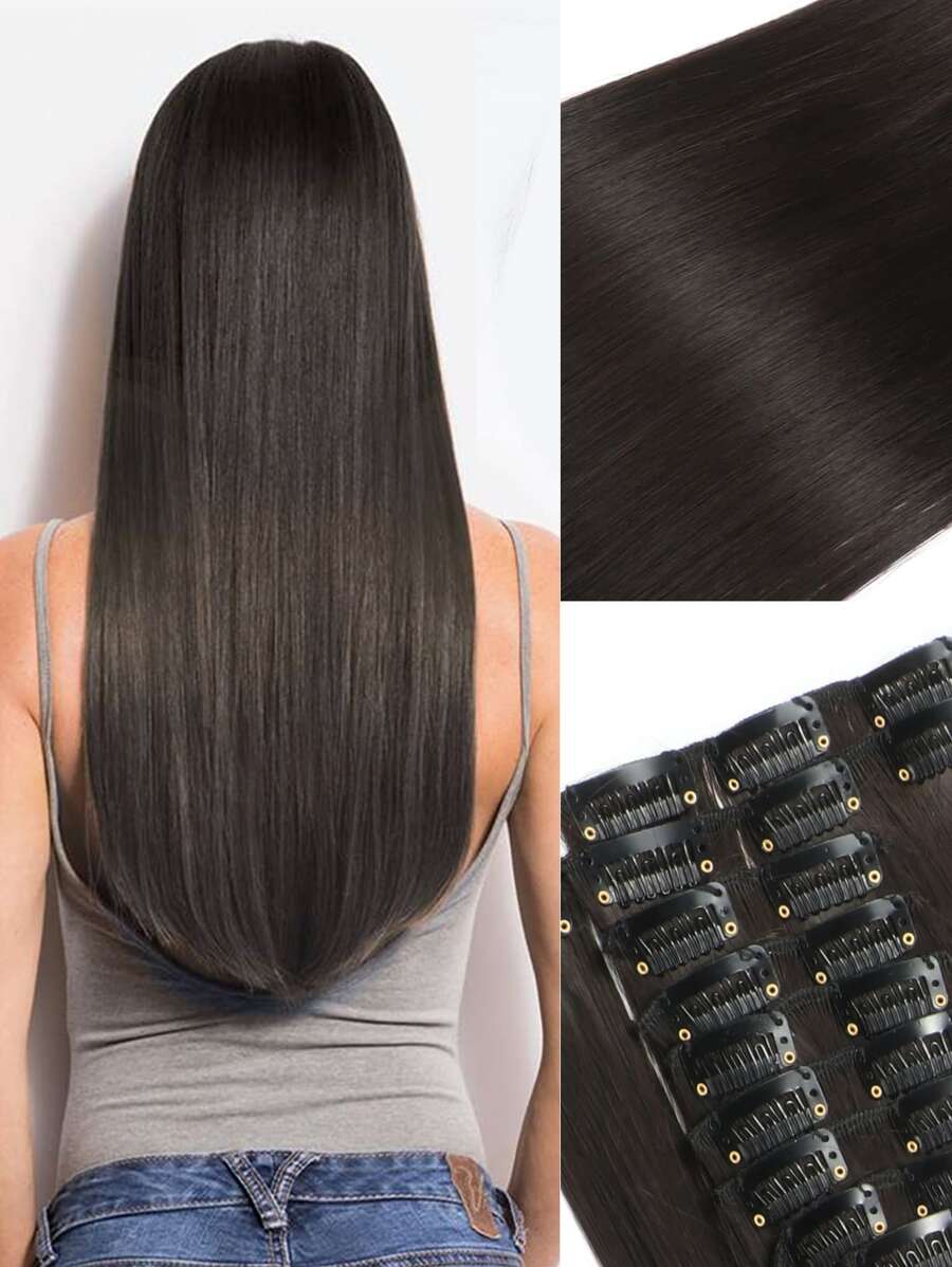 12 cái kẹp trong phần mở rộng tóc tổng hợp dài thẳng - màu nâu - Xem 1