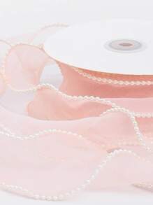 1pc Faux Pearl Decor Mesh, 72 Inch Pink Garment Decoration, Flower Wrapping Ribbon, For DIY Crafting - Pink - View 2