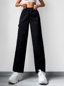 Cottnline Elastic Waist Straight Leg Jeans - Black - View 1