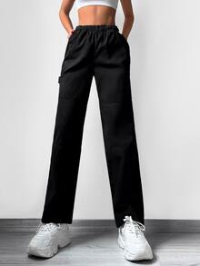 Cottnline Elastic Waist Straight Leg Jeans - Black - View 4