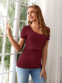 SHEIN Maternity Scoop Neck Solid Nursing Tee - Maroon - View 4