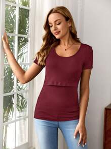SHEIN Maternity Scoop Neck Solid Nursing Tee - Maroon - View 5