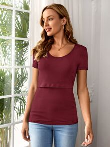 SHEIN Maternity Scoop Neck Solid Nursing Tee - Maroon - View 6