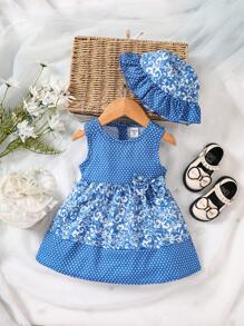 Baby Floral & Polka Dot Print Bow Front Dress With Accessory Hat - Blue - View 1