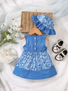 Baby Floral & Polka Dot Print Bow Front Dress With Accessory Hat - Blue - View 2