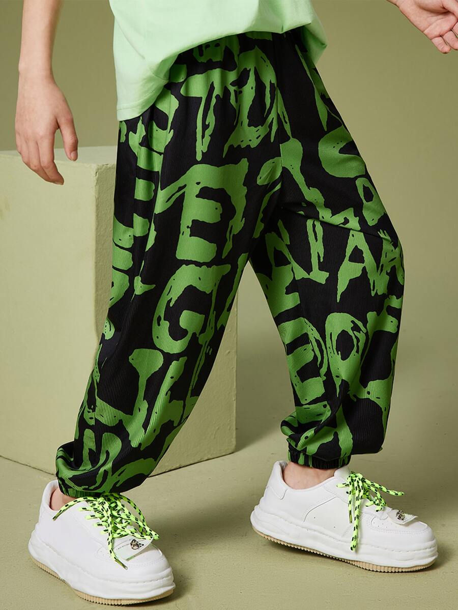 Boys Letter Graphic Trousers - Black - View 1