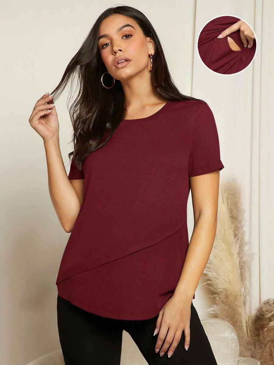 SHEIN Maternity Solid Nursing Detail Tee - Maroon - View 1