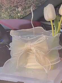 1入組人造珍珠裝飾網布72英寸米色服裝裝飾花朵纏繞絲帶用於DIY手工 - 米色 - 查看 5