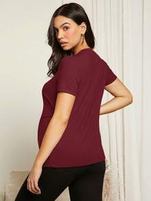 SHEIN Maternity Solid Nursing Detail Tee - Maroon - View 2
