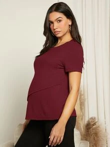 SHEIN Maternity Solid Nursing Detail Tee - Maroon - View 5