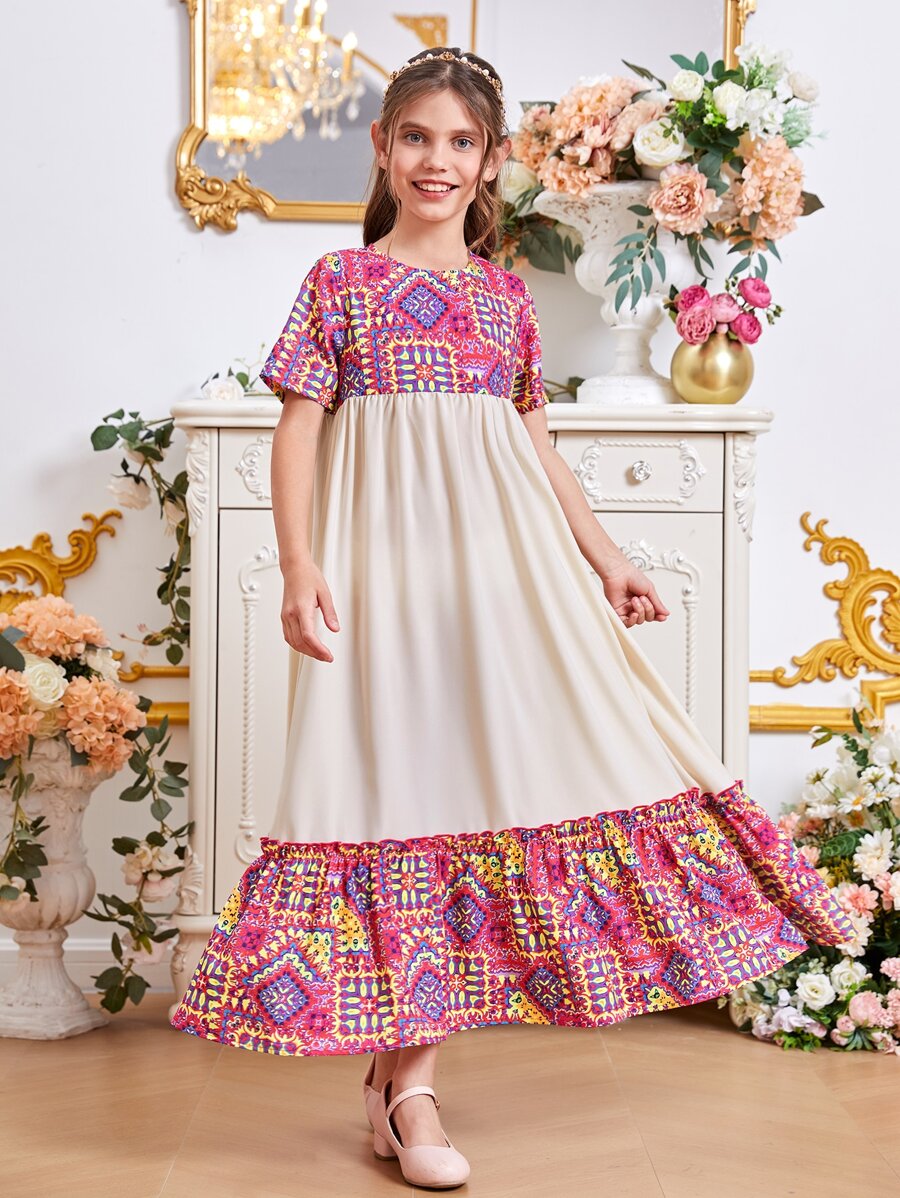 SHEIN Chicas Vestido smock con estampado geométrico bajo con fruncido