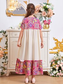 SHEIN Chicas Vestido smock con estampado geométrico bajo con fruncido