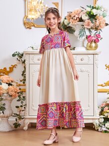 SHEIN Chicas Vestido smock con estampado geométrico bajo con fruncido