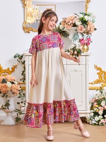 SHEIN Chicas Vestido smock con estampado geométrico bajo con fruncido