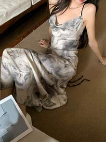 紮染垂領吊帶洋裝 - 灰色 - 查看 3