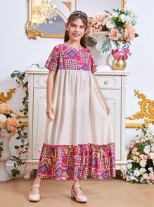 SHEIN Chicas Vestido smock con estampado geométrico bajo con fruncido