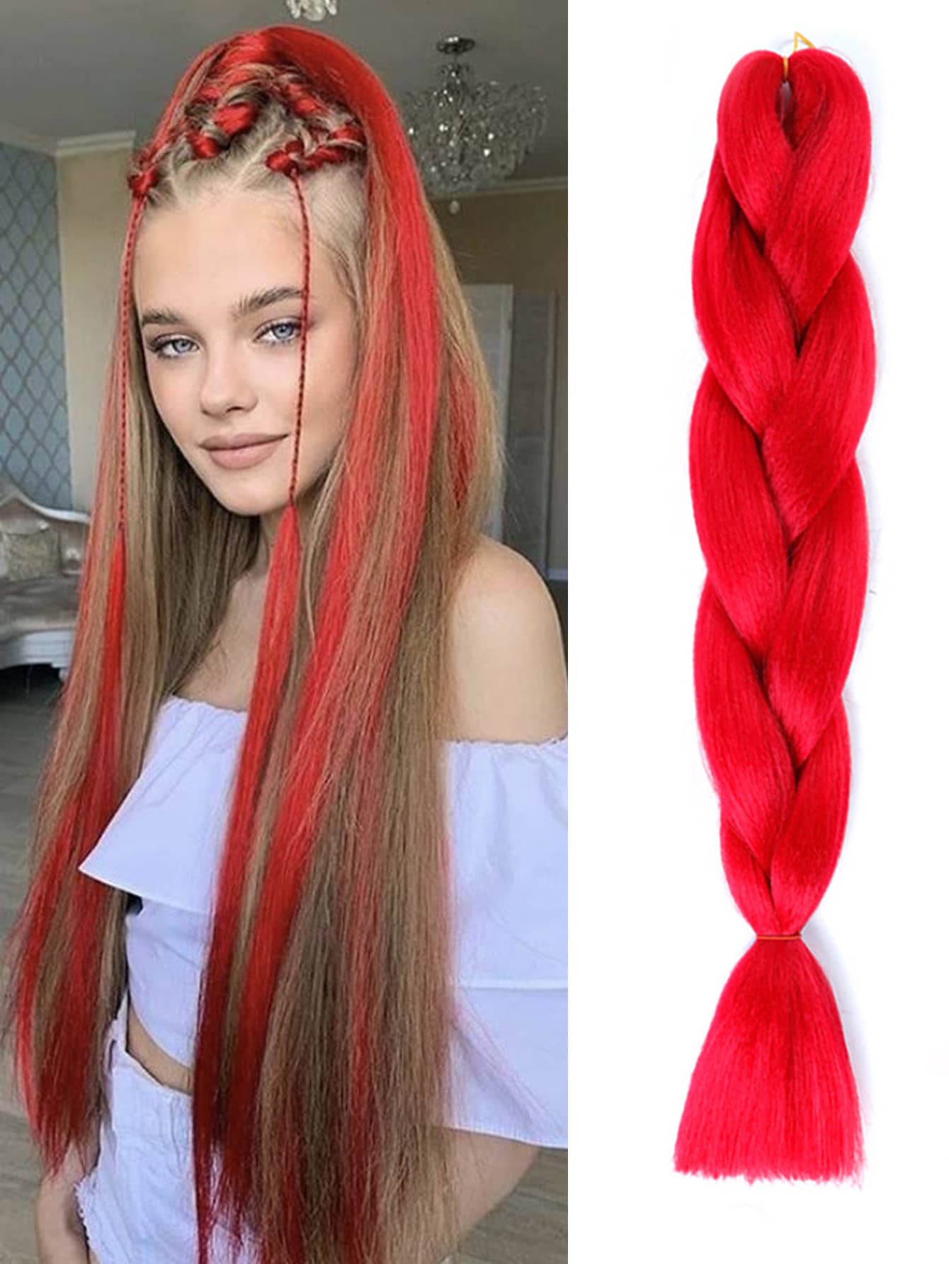 長款合成纖維接髮 - 紅色 - 查看 1