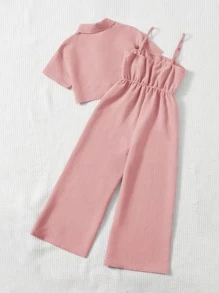 SHEIN Leap Crew Tween Girl Letter Patched Cami Jumpsuit & Button Front Shirt - Dusty Pink - View 2