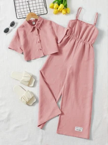 SHEIN Leap Crew Tween Girl Letter Patched Cami Jumpsuit & Button Front Shirt - Dusty Pink - View 4