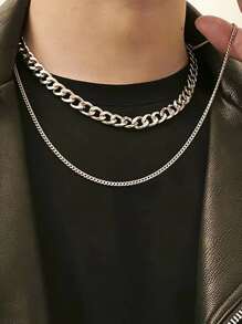 2入組男士極簡鏈條樣式項鍊 - 銀色 - 查看 2