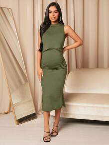 SHEIN Maternity Nursing Solid Split Side Dress - Army Green - View 5