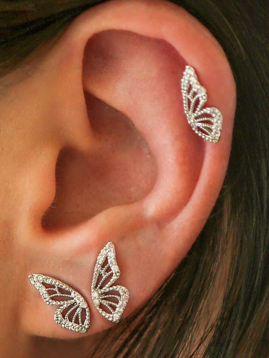 3pcs/Set Glamorous Cubic Zirconia Butterfly Stud Earring For Women For Daily Decoration - Silver - View 1