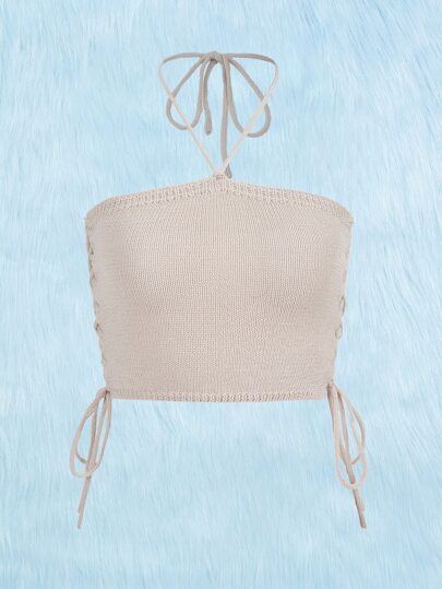 Top in maglia monocolore lacci laterali halter