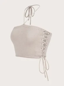 ROMWE Zonder rug Kant Tie Terug Eenkleurig Sexy Gebreide top
