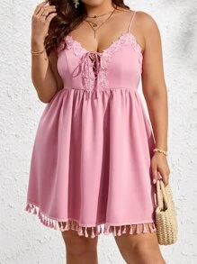 SHEIN VCAY Plus Lace Up Front Appliques Detail Cami Dress - Baby Pink - View 1