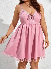 SHEIN VCAY Plus Lace Up Front Appliques Detail Cami Dress - Baby Pink - View 5