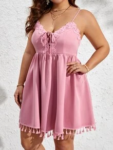 SHEIN VCAY Plus Lace Up Front Appliques Detail Cami Dress - Baby Pink - View 6