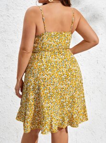 Dreamara Plus Ditsy Floral Print Ruffle Trim Wrap Knot Side Cami Dress - Multicolor - View 3