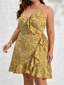 Dreamara Plus Ditsy Floral Print Ruffle Trim Wrap Knot Side Cami Dress - Multicolor - View 4