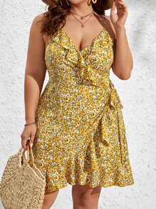 Dreamara Plus Ditsy Floral Print Ruffle Trim Wrap Knot Side Cami Dress - Multicolor - View 1