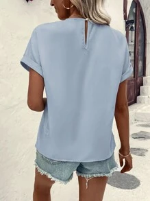 SHEIN LUNE Áo sơ mi nữ Xếp li Xù Uốn nếp màu trơn Giải trí - Màu xanh lam - Xem 2