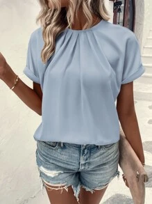 SHEIN LUNE Áo sơ mi nữ Xếp li Xù Uốn nếp màu trơn Giải trí - Màu xanh lam - Xem 4