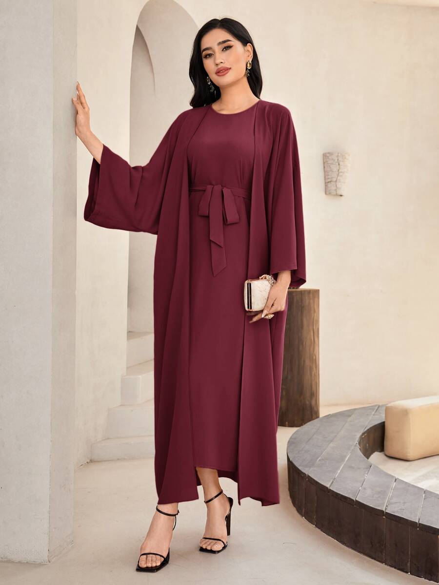 Al Najma Burgundy Red Solid Abaya & Belted Dress Set - Burgundy - View 1