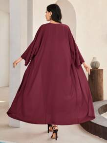 Al Najma Burgundy Red Solid Abaya & Belted Dress Set - Burgundy - View 2