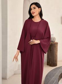 Al Najma Burgundy Red Solid Abaya & Belted Dress Set - Burgundy - View 5