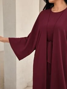 Al Najma Burgundy Red Solid Abaya & Belted Dress Set - Burgundy - View 6