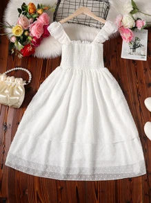 Girls Swiss Dot Shirred Ruffle Trim Dress - White - View 1