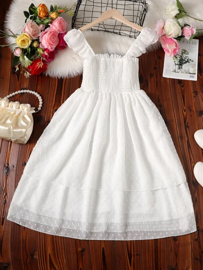 Girls Swiss Dot Shirred Ruffle Trim Dress