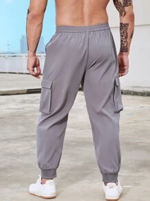 Manfinity Men Letter Graphic Flap Pocket Drawstring Waist Cargo Trousers - Grey - View 2