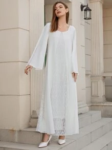 素色喇叭袖拼接蕾絲連衣裙 - 白色 - 查看 3